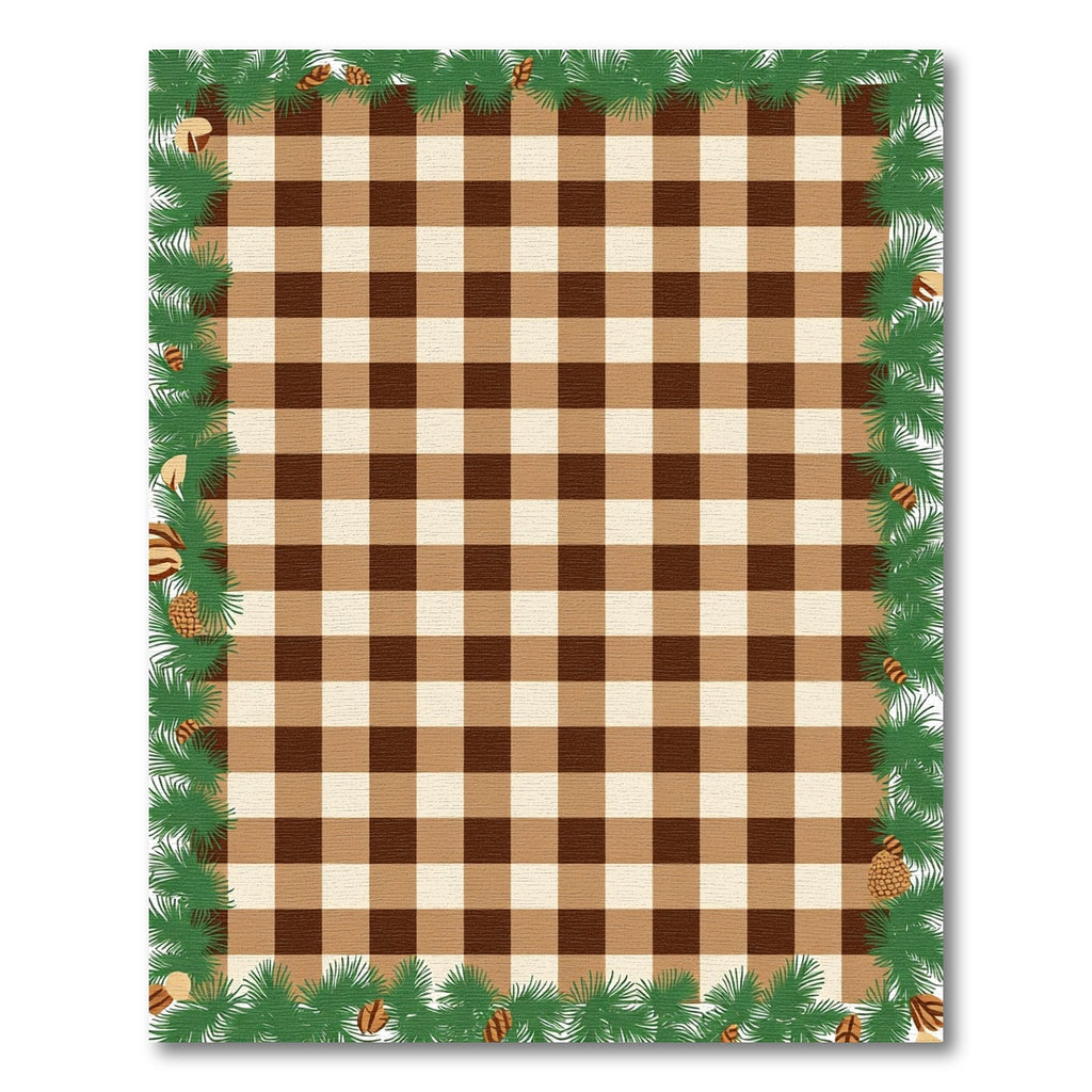 Brown Tan Plaid Gingham Pinecone Border Rug