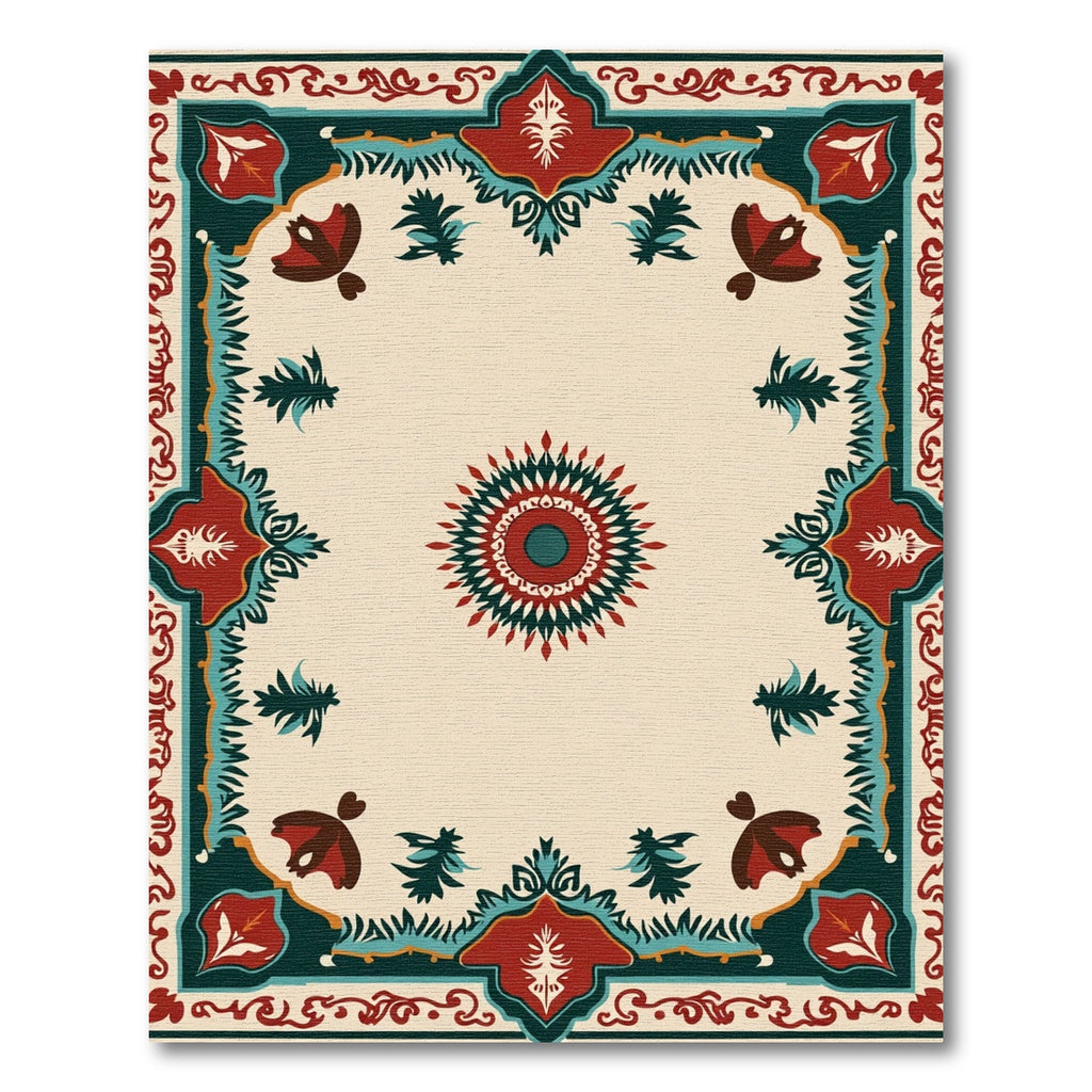Crimson Teal Bordered Medallion Rug