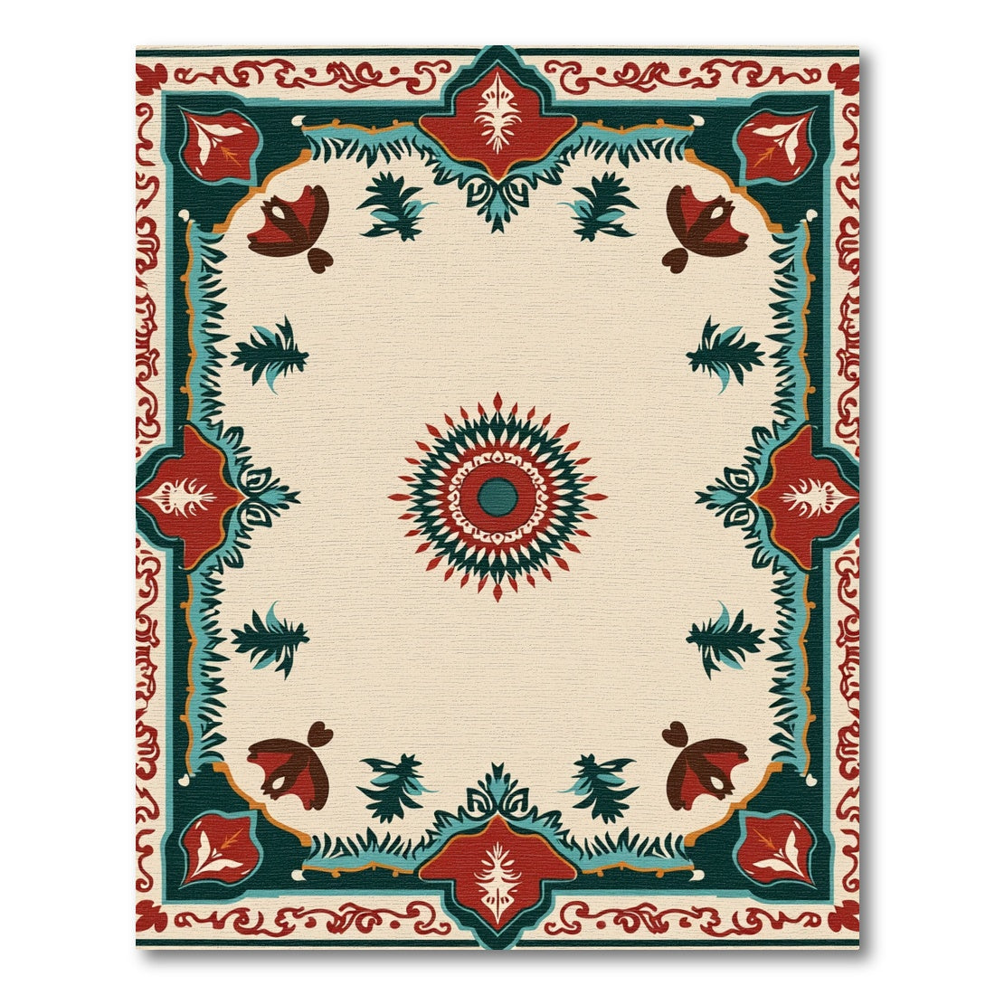Crimson Teal Bordered Medallion Rug