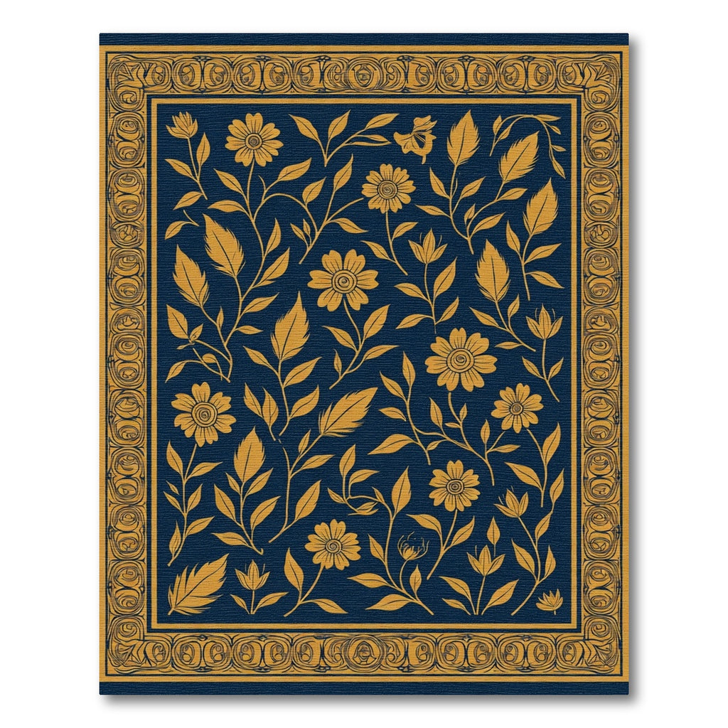 Navy Gold Floral Vine Border Rug