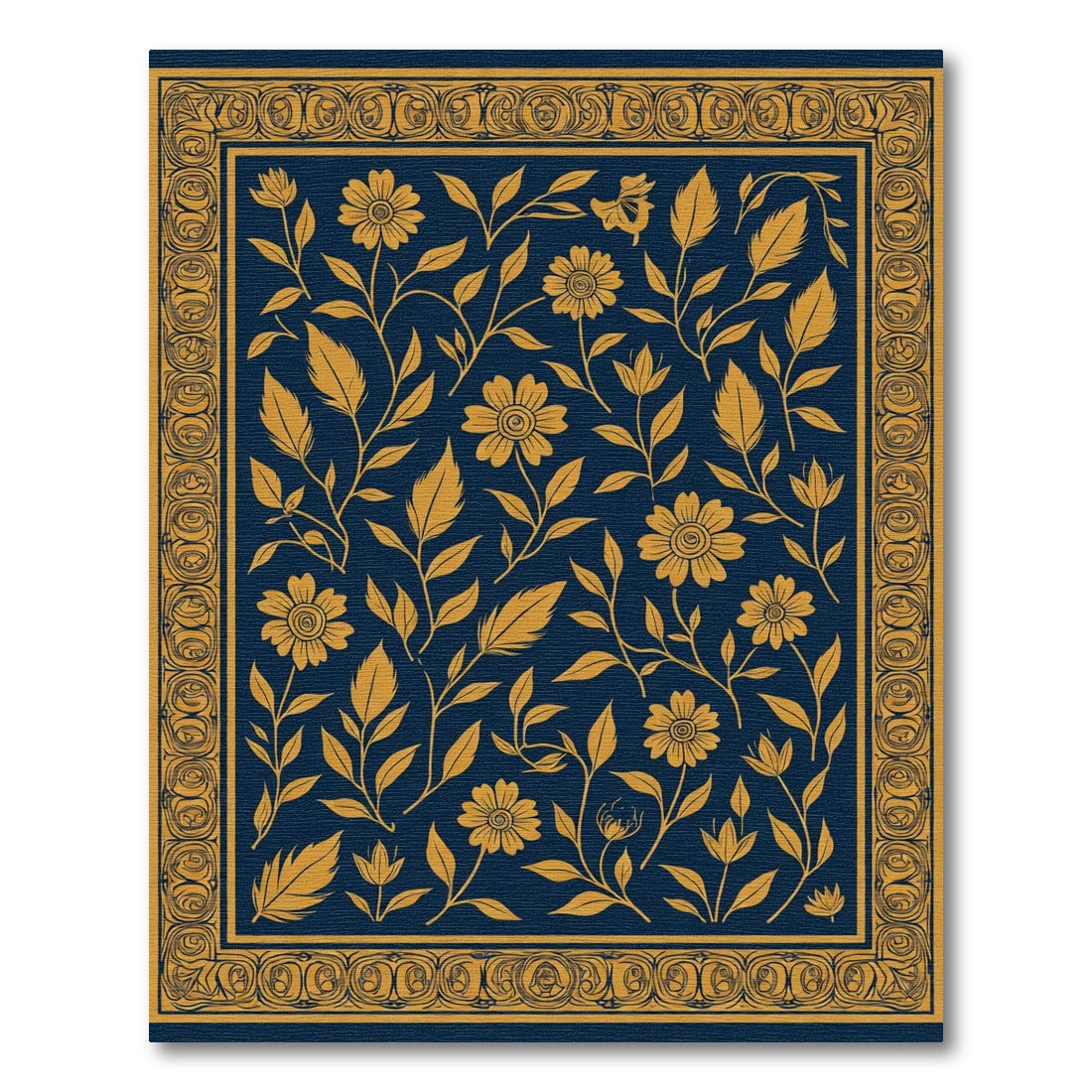 Navy Gold Floral Vine Border Rug