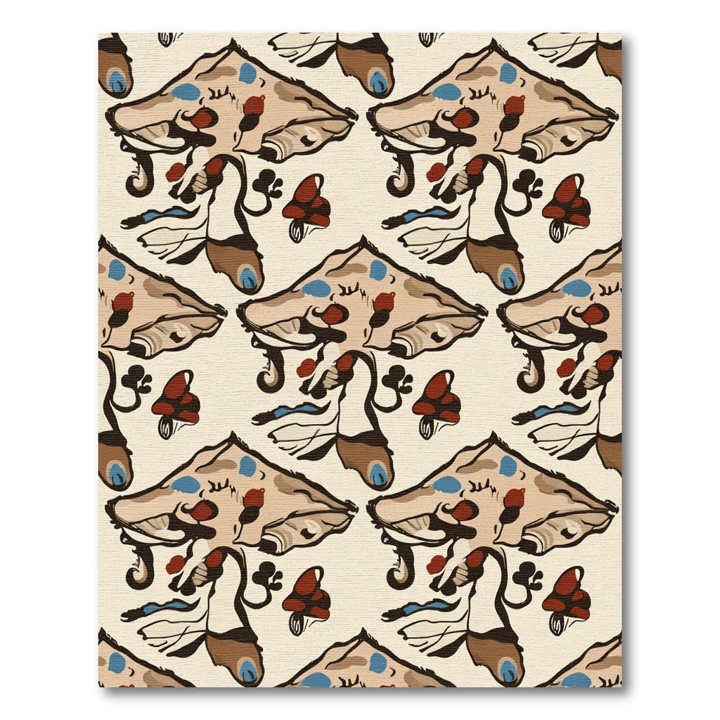 Whimsical Brown Blue Mushroom Folk Art Rug