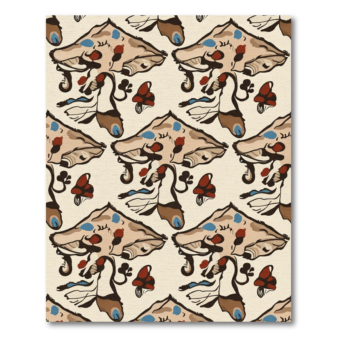 Whimsical Brown Blue Mushroom Folk Art Rug
