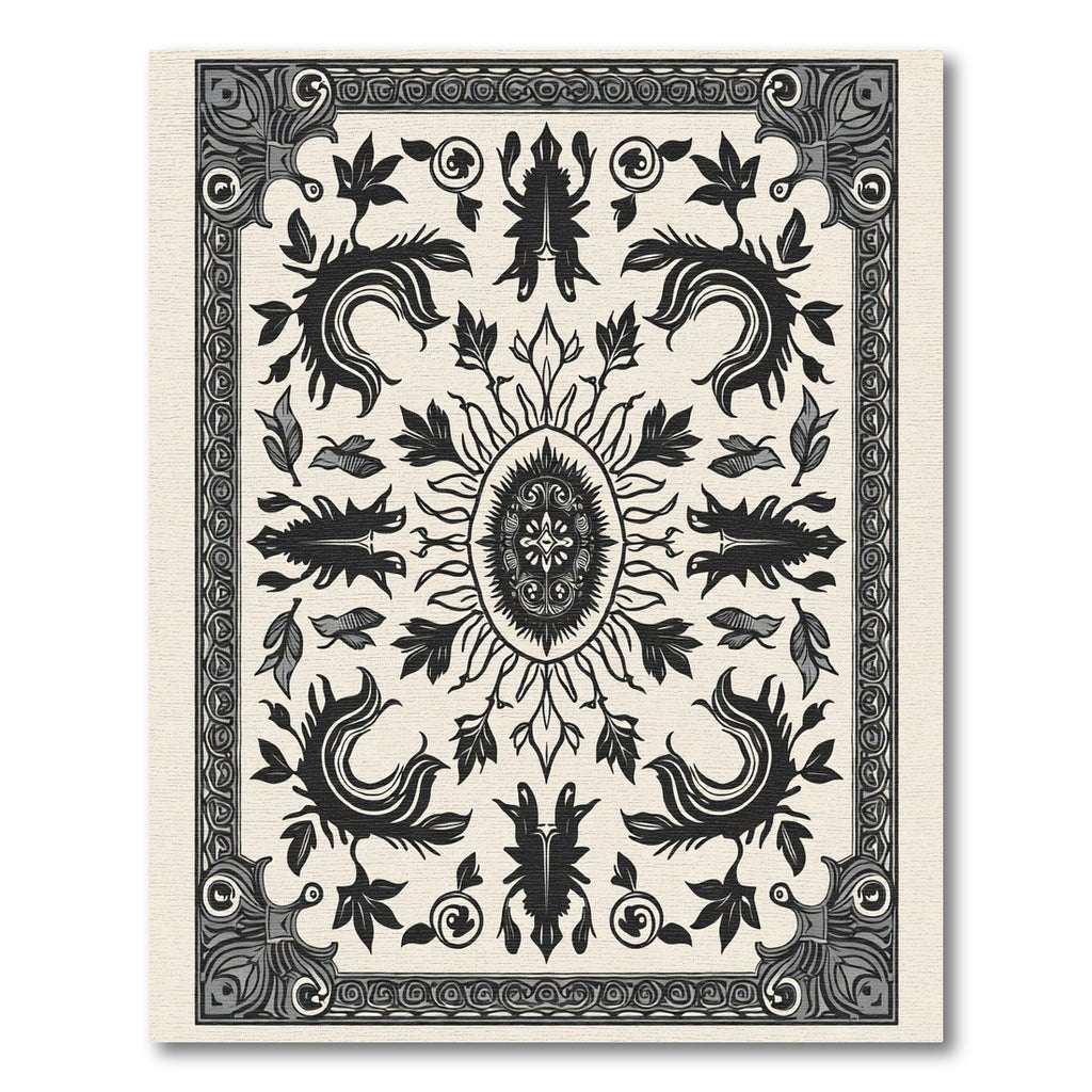 Monochromatic Black Floral Crested Rug