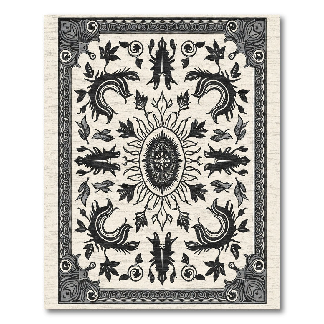 Monochromatic Black Floral Crested Rug
