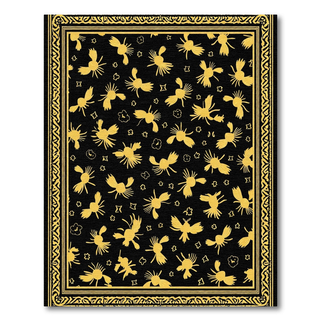 Golden Birds Black Whimsical Repeating Rug
