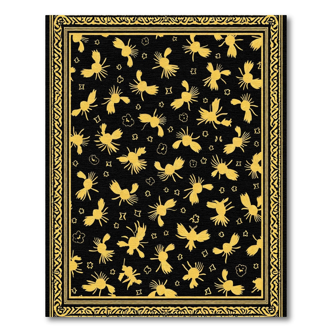 Golden Birds Black Whimsical Repeating Rug