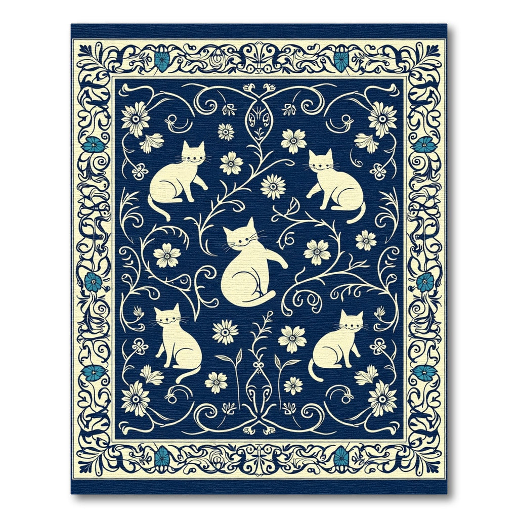 Indigo White Whimsical Cat Floral Border Rug