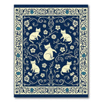 Indigo White Whimsical Cat Floral Border Rug