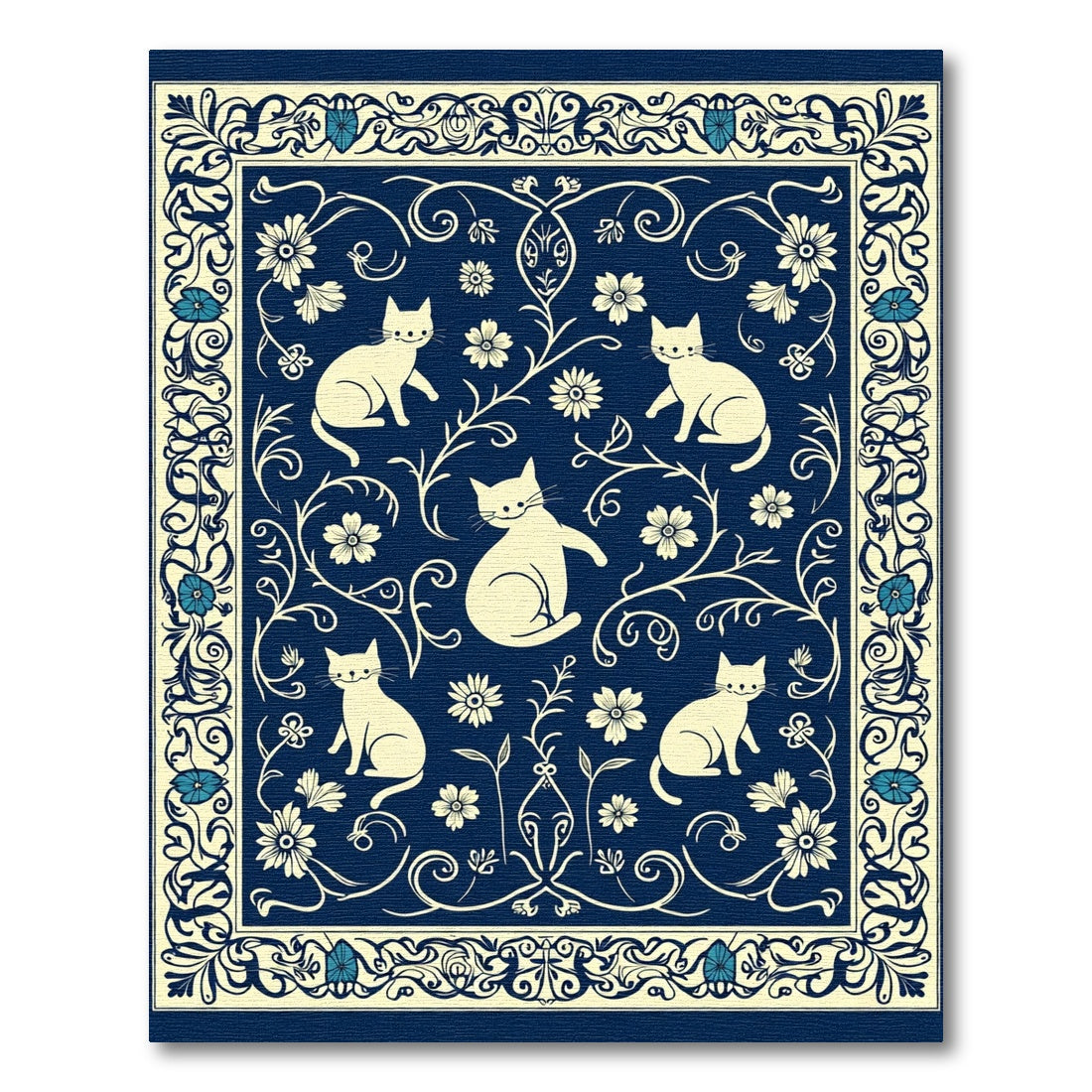 Indigo White Whimsical Cat Floral Border Rug