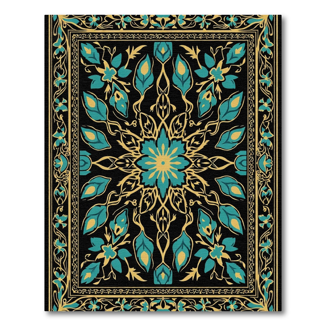 Black Teal Gold Floral Medallion Rug
