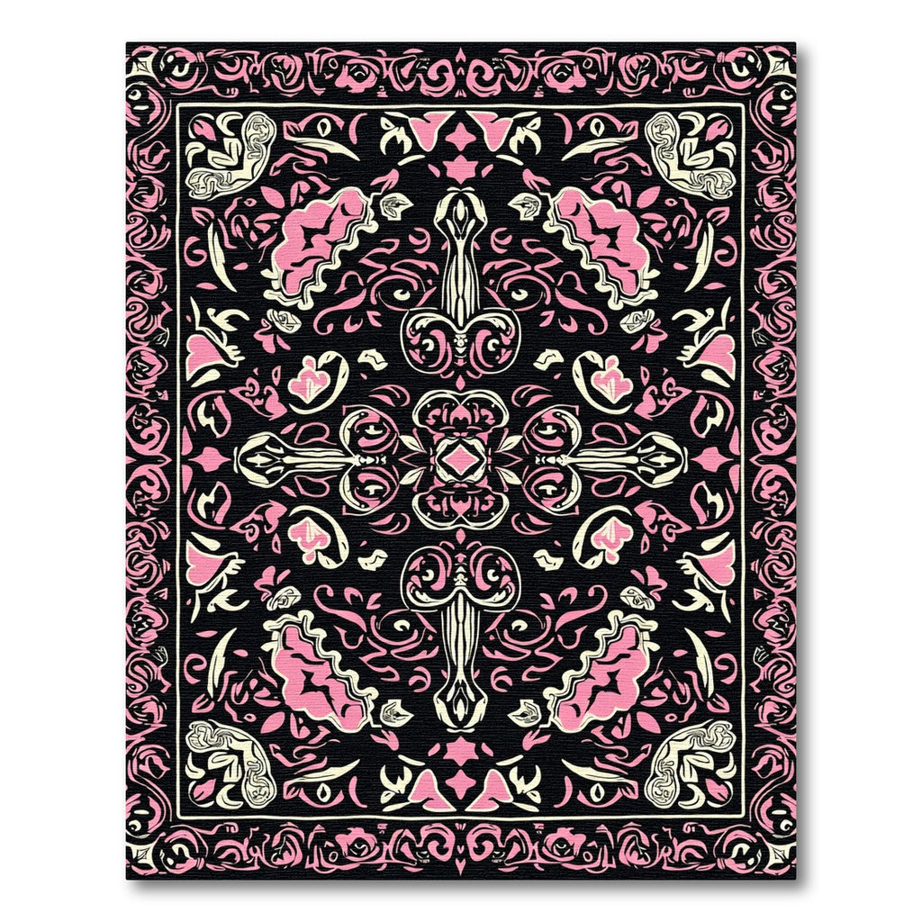 Ornate Pink Black Scroll Medallion Rug