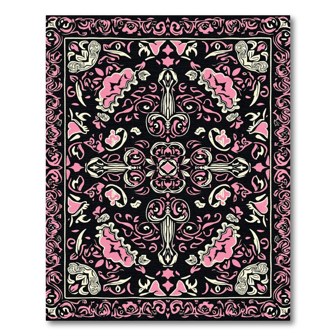 Ornate Pink Black Scroll Medallion Rug