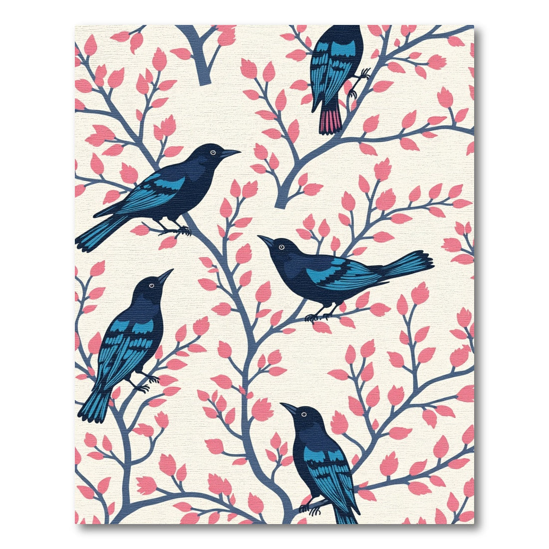 Indigo Birds Pink Foliage Scene Rug