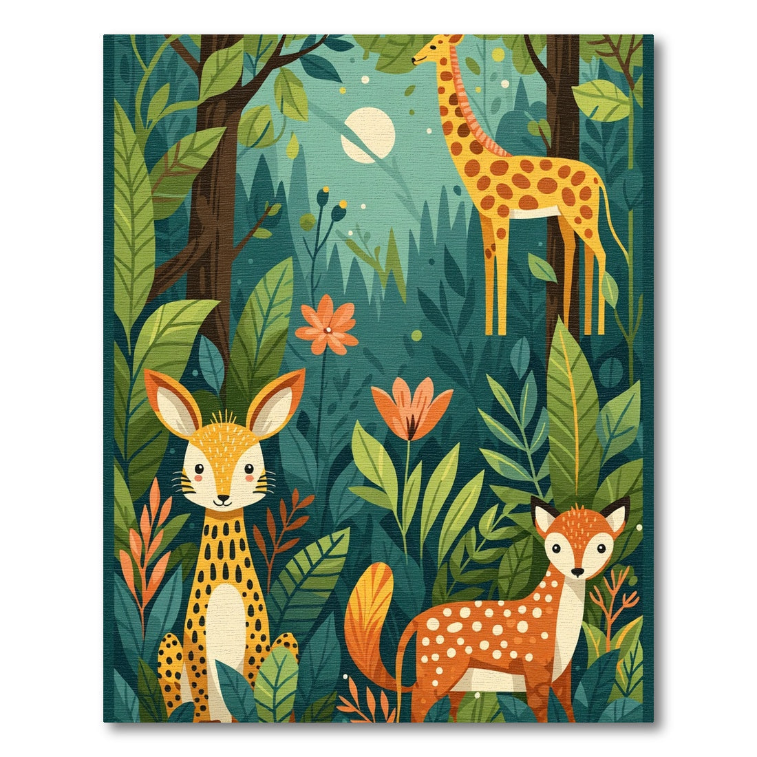 Whimsical Forest Animals Orange Flower Rug