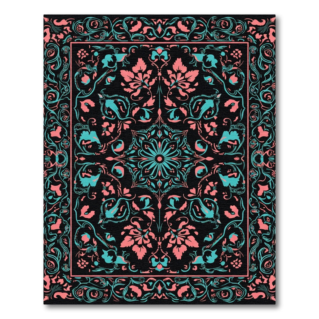 Coral Teal Floral Medallion Black Rug