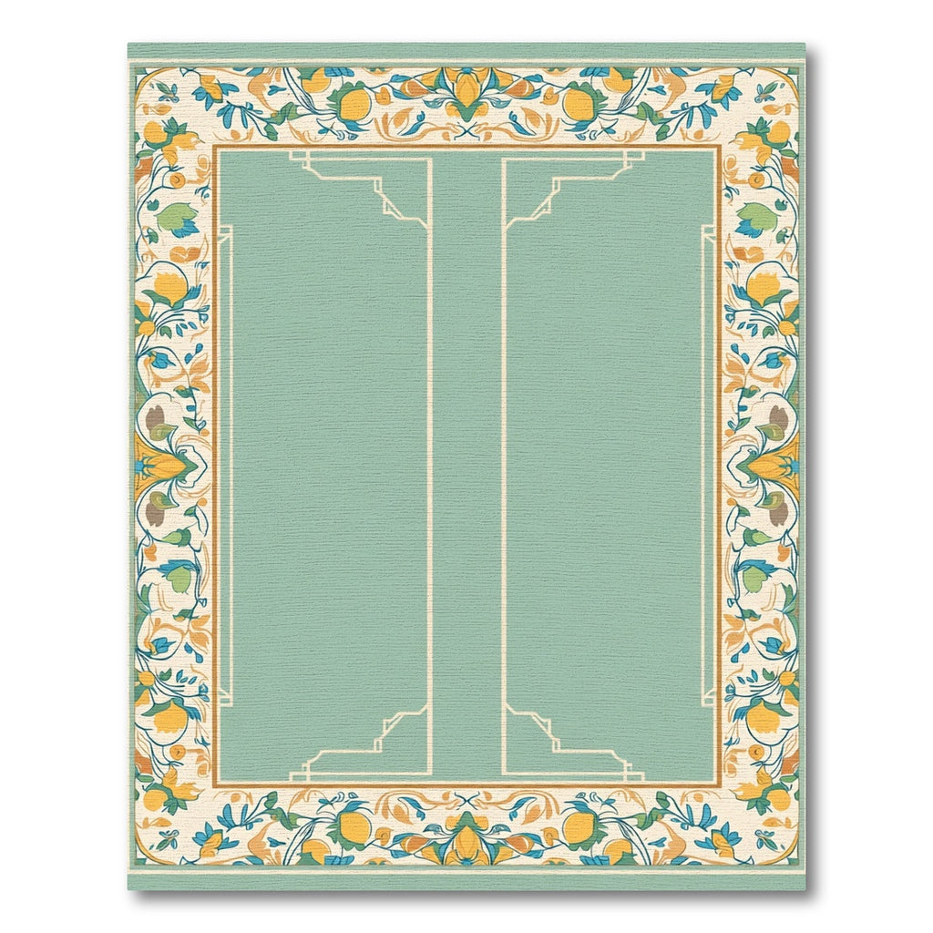 Ornate Golden Teal Floral Border Rug