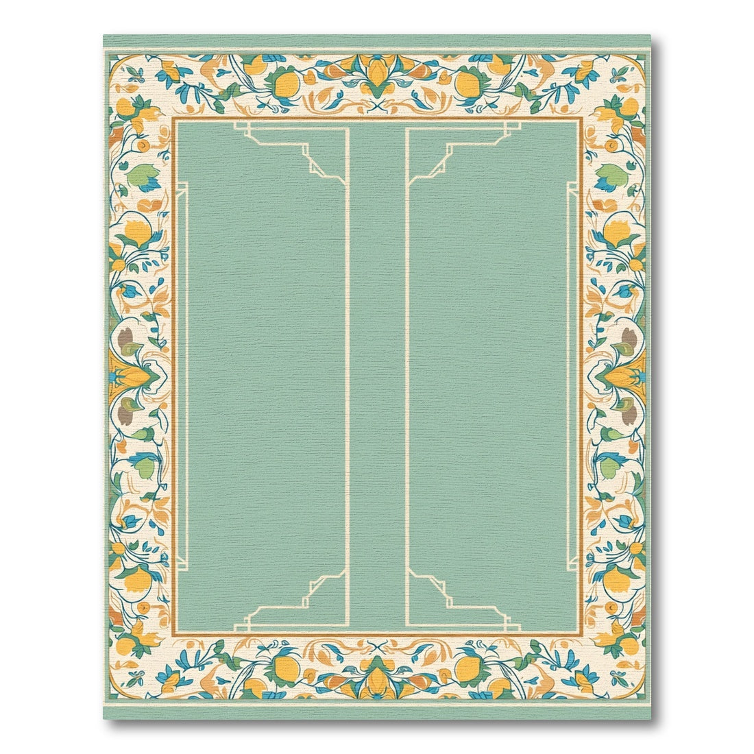 Ornate Golden Teal Floral Border Rug