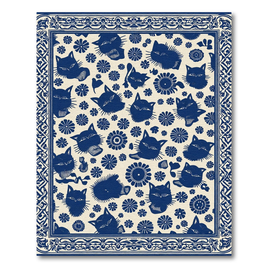 Dark Blue Whimsical Feline Floral Rug