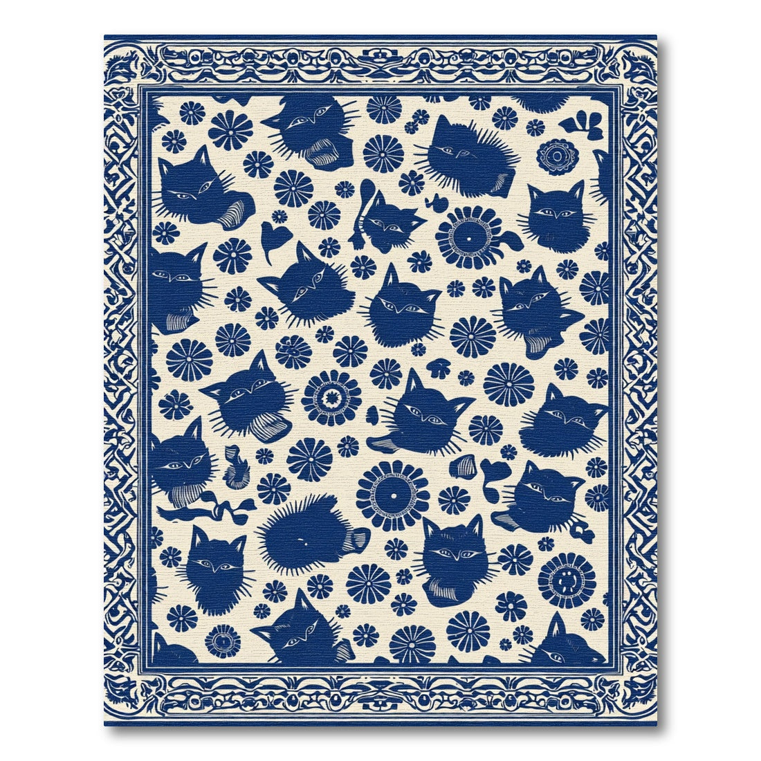 Dark Blue Whimsical Feline Floral Rug