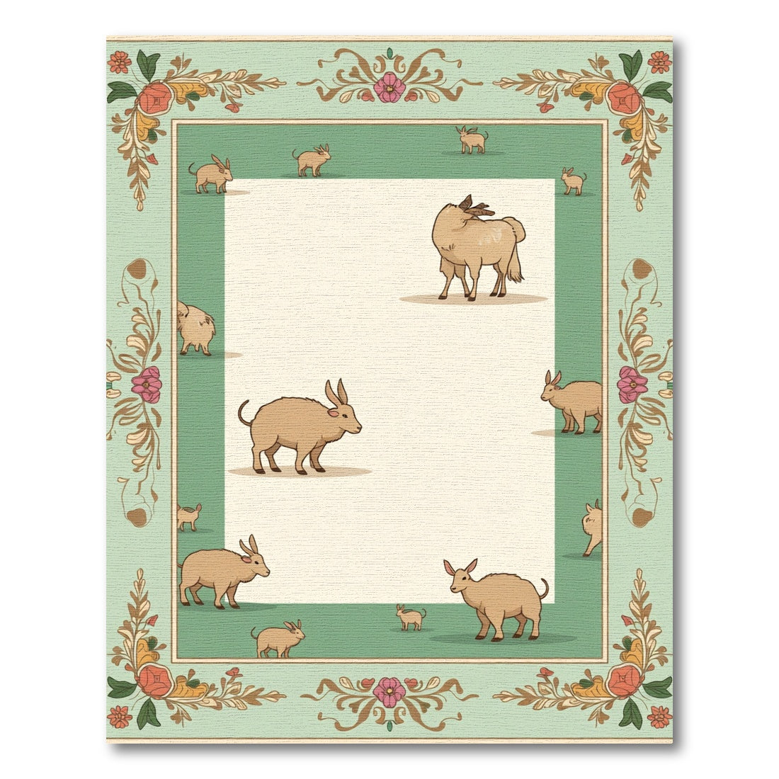 Gentle Fawn Animals Floral Border Rug