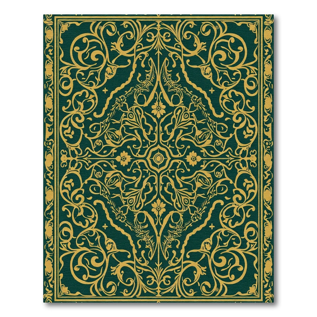 Deep Emerald Golden Ornate Scrollwork Rug
