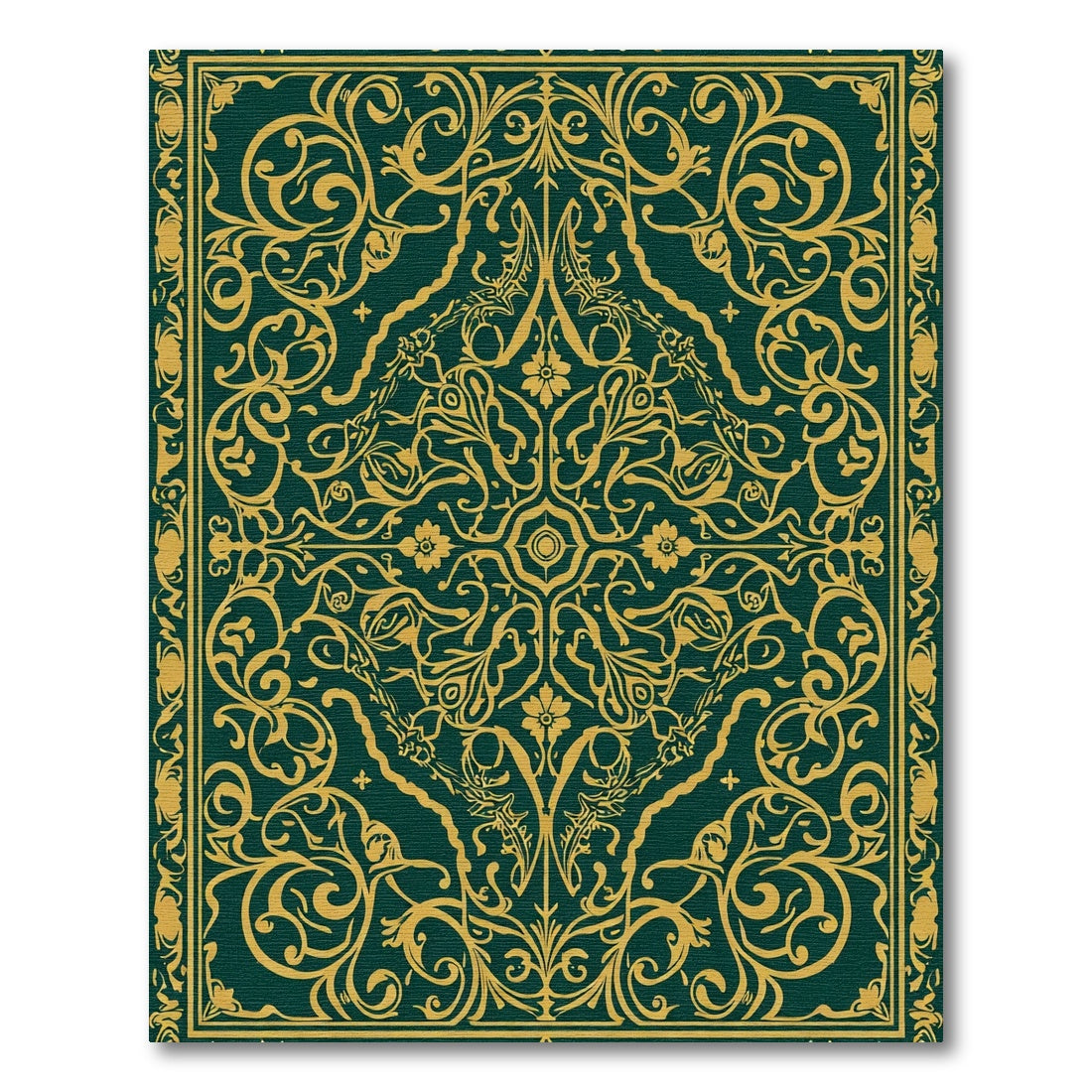 Deep Emerald Golden Ornate Scrollwork Rug