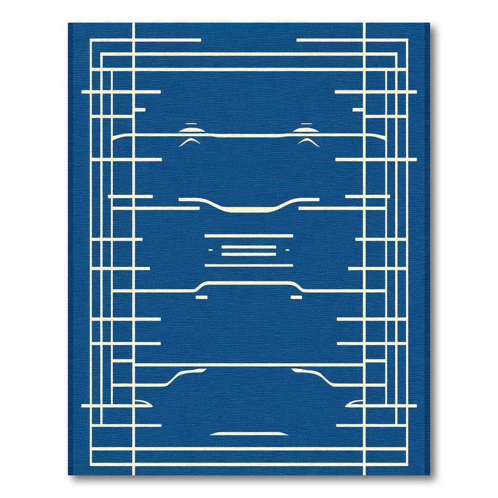 Blue White Geometric Linear Construction Rug