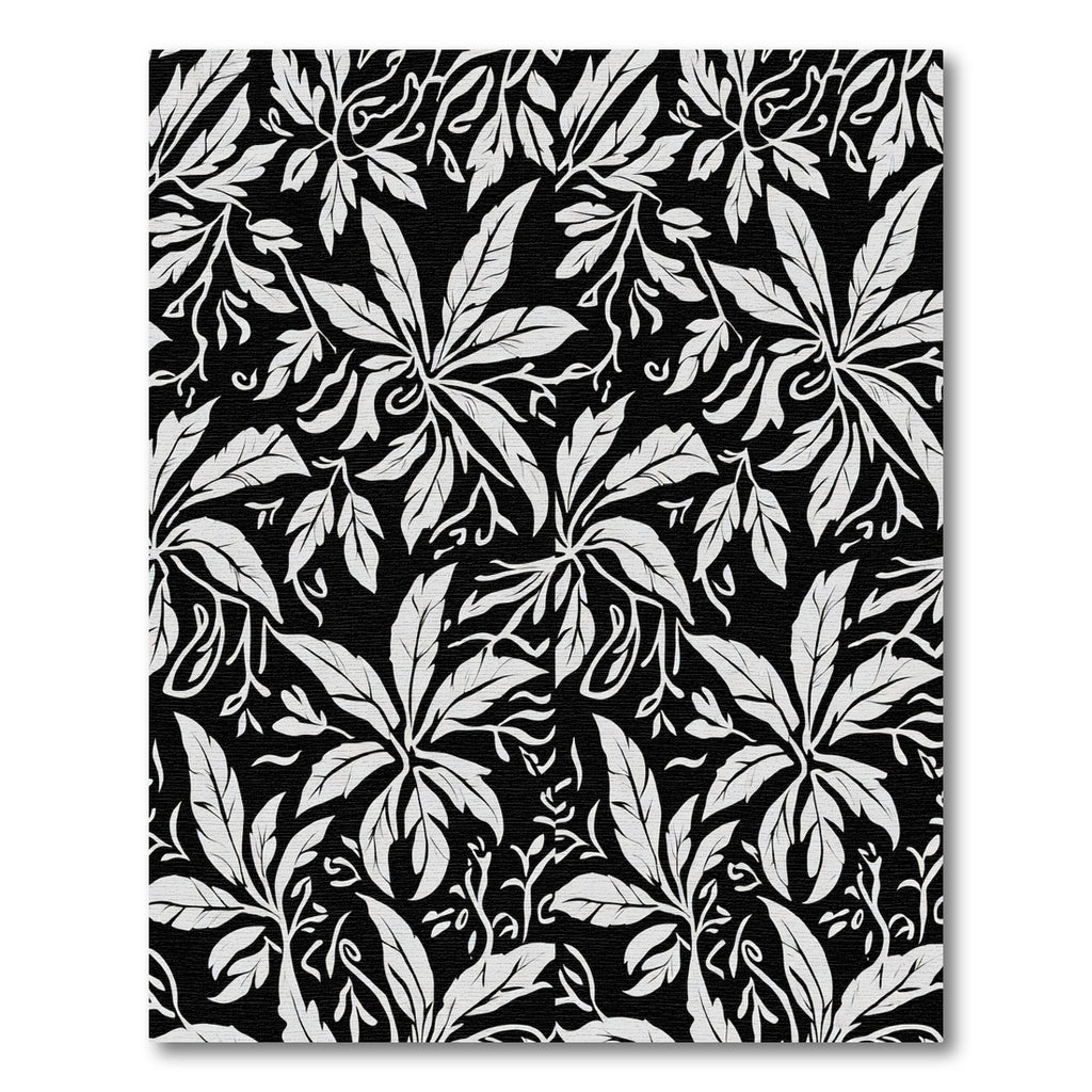 Black White Botanical Leaf Arrangement Rug