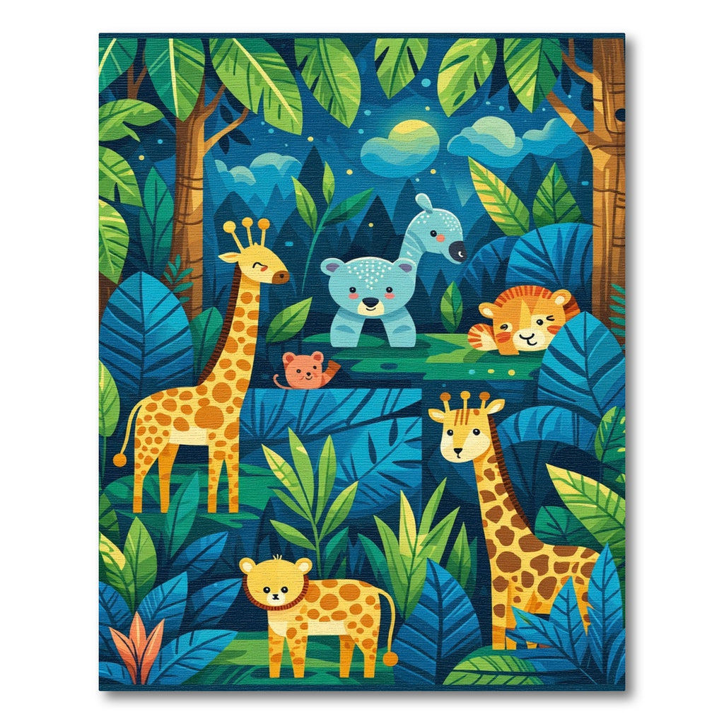 Jungle Animals Cyan Forest Midnight Scene Rug