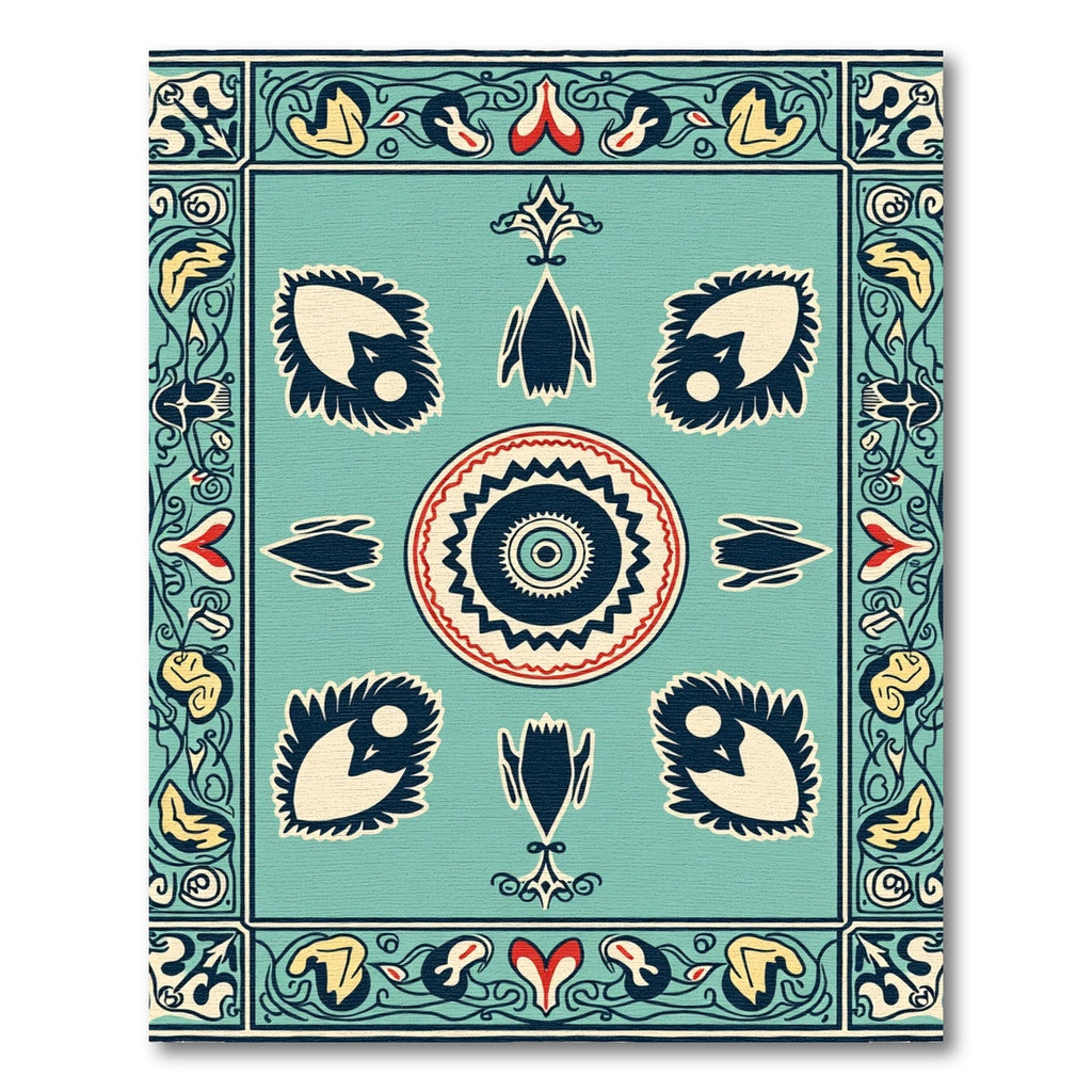 Aqua Red Teal Folk Art Blossom Rug