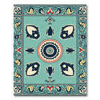 Aqua Red Teal Folk Art Blossom Rug