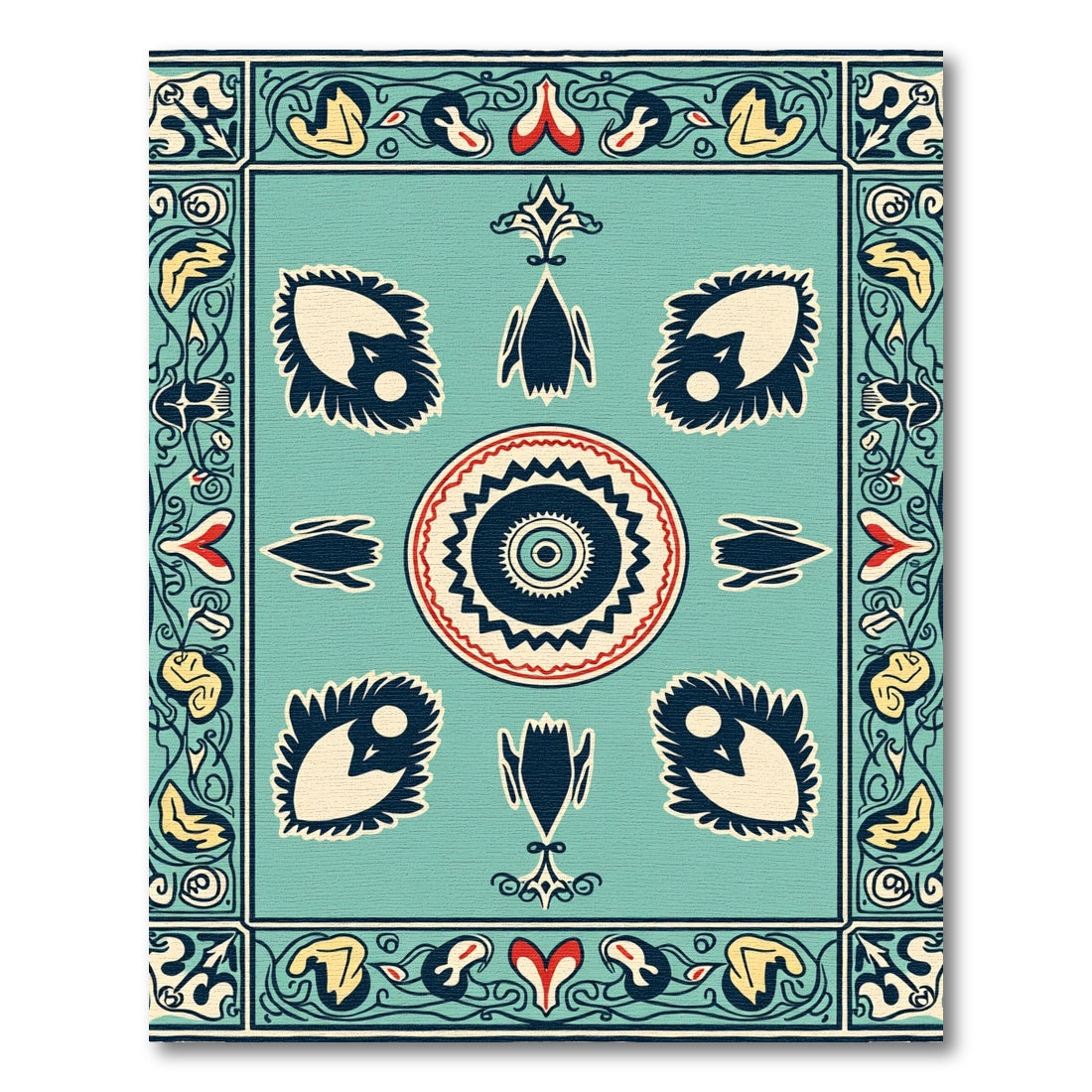 Aqua Red Teal Folk Art Blossom Rug