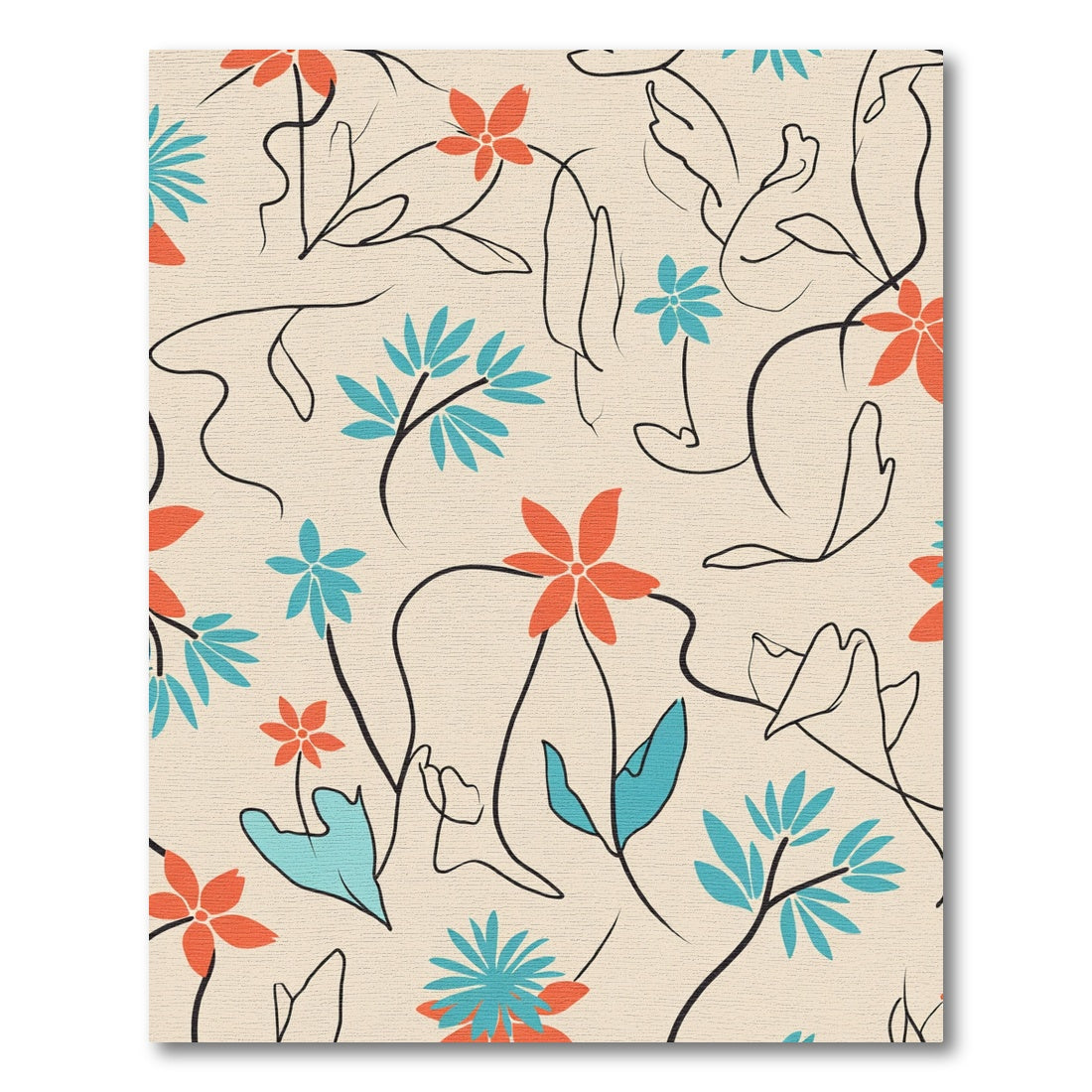 Coral Teal Flowery Outline Vines Rug