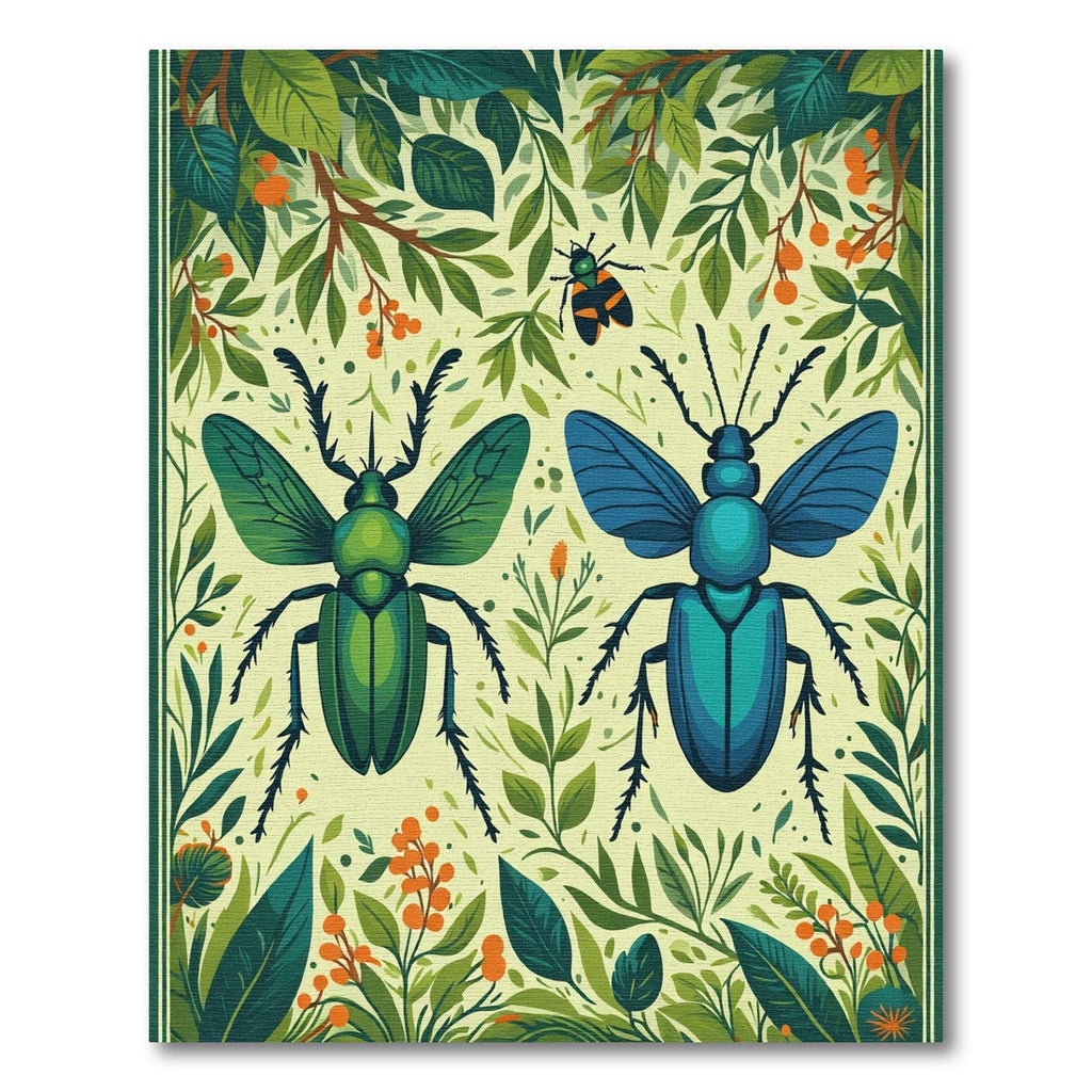 Vibrant Emerald Teal Beetles Botanical Garden Rug