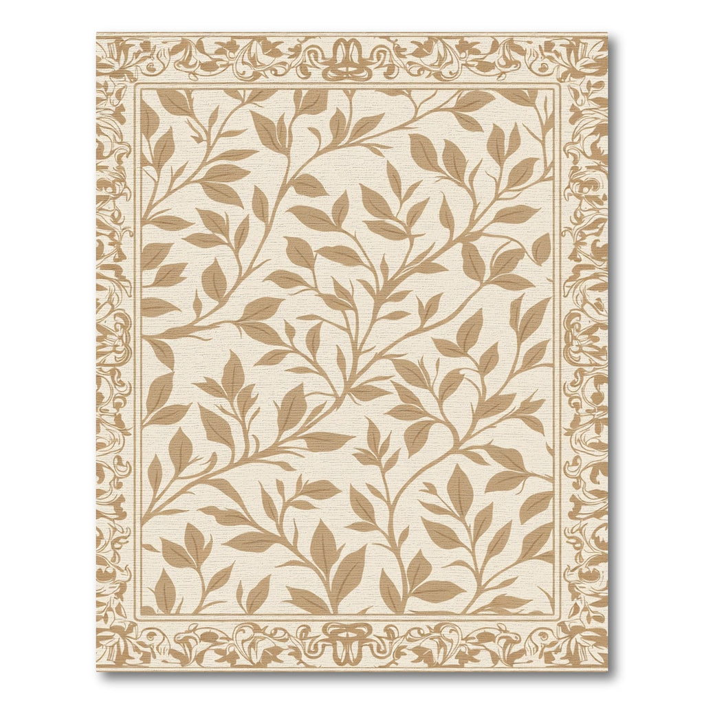 Tan Leaf Botanical Border Rug