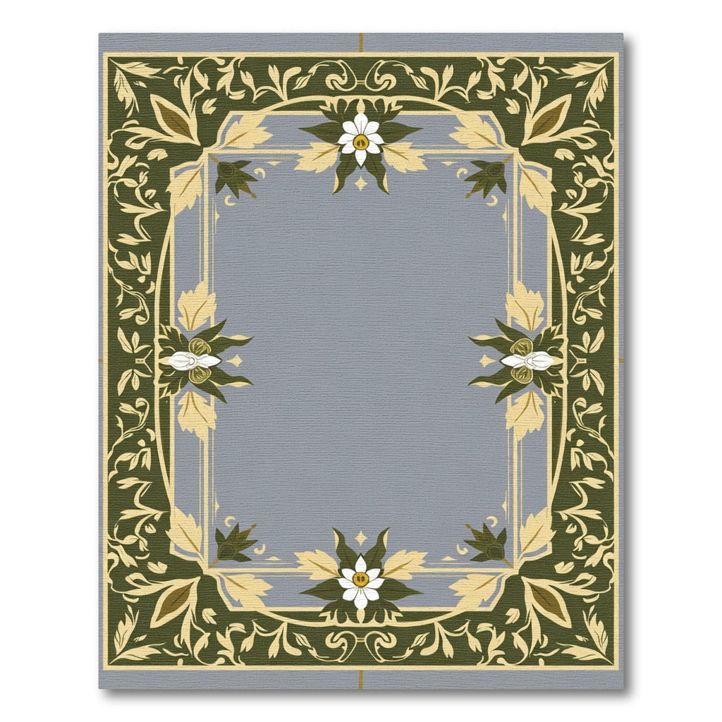 Green White Floral Bordered Art Rug