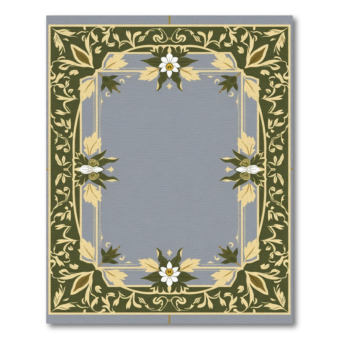 Green White Floral Bordered Art Rug