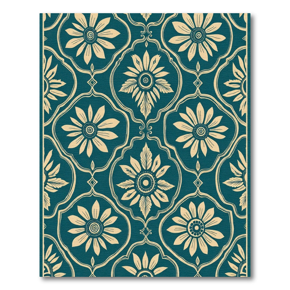 Teal Cream Floral Medallion Frame Rug