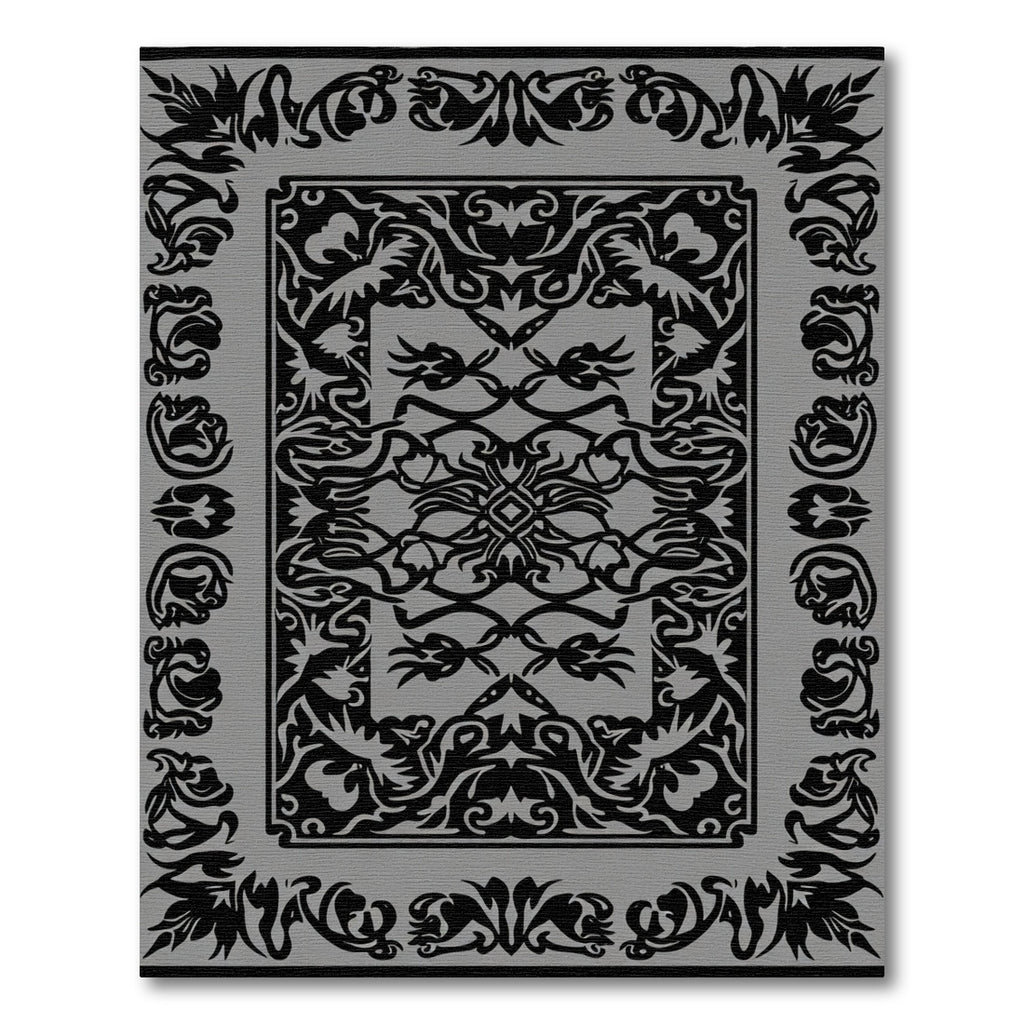 Black Ornate Scrollwork Border Rug