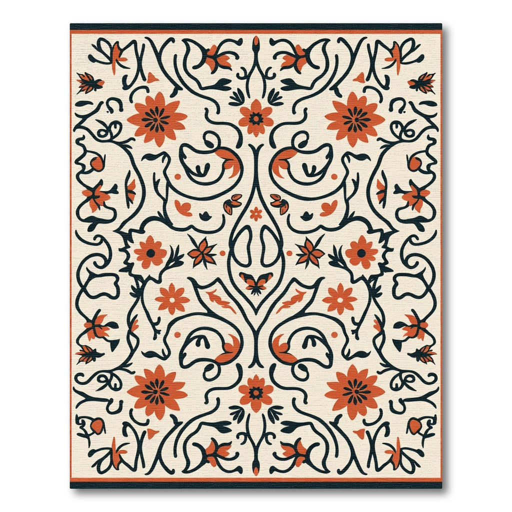 Cream Coral Floral Scroll Butterfly Accents Rug