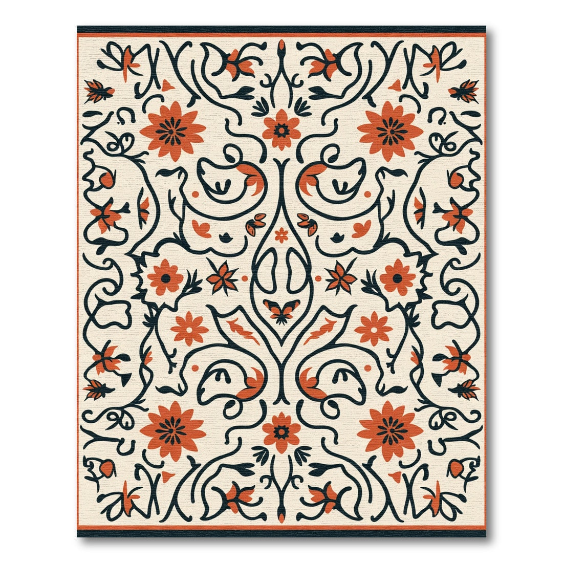 Cream Coral Floral Scroll Butterfly Accents Rug