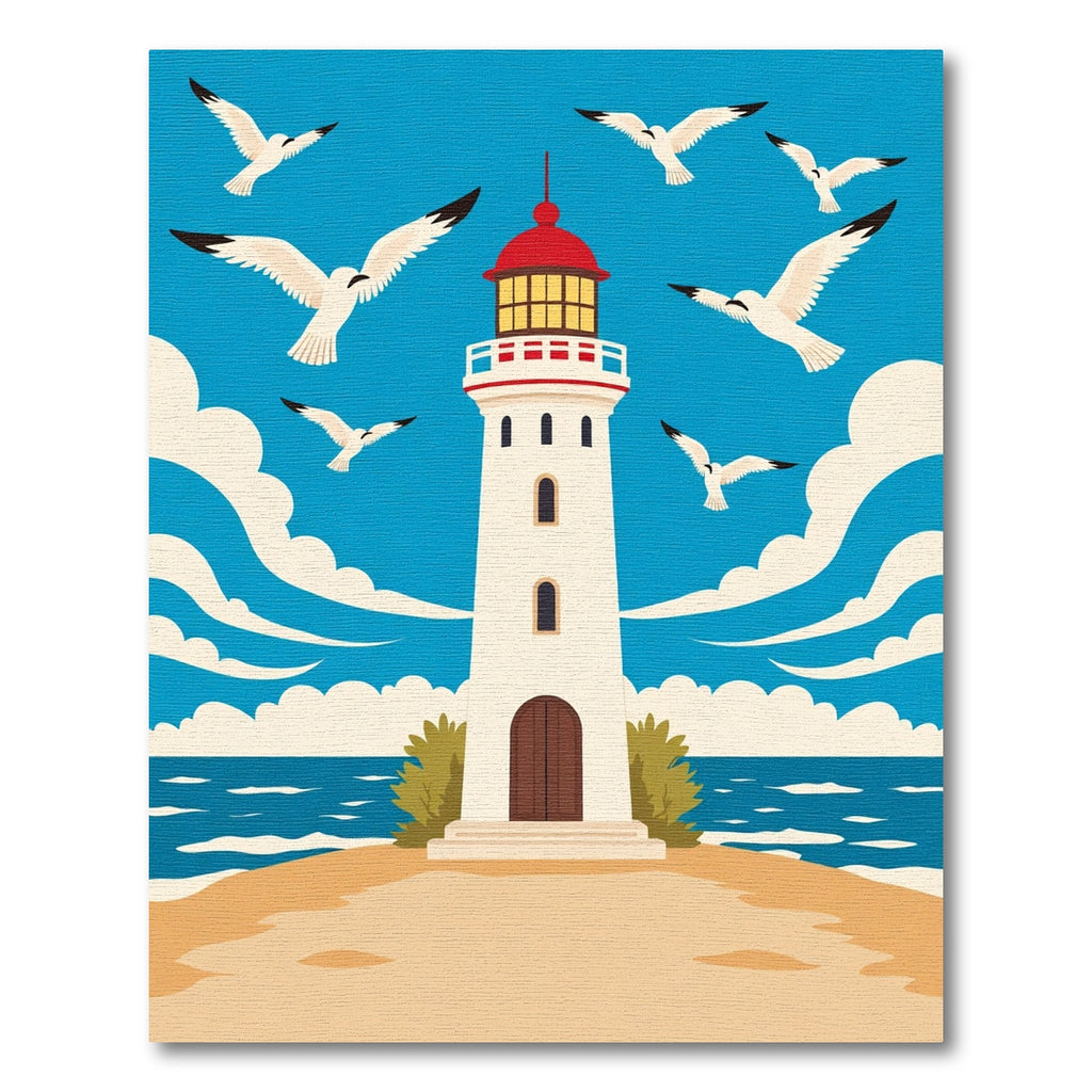 Coastal White Lighthouse Flock Flying Seagulls Rug