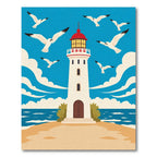 Coastal White Lighthouse Flock Flying Seagulls Rug