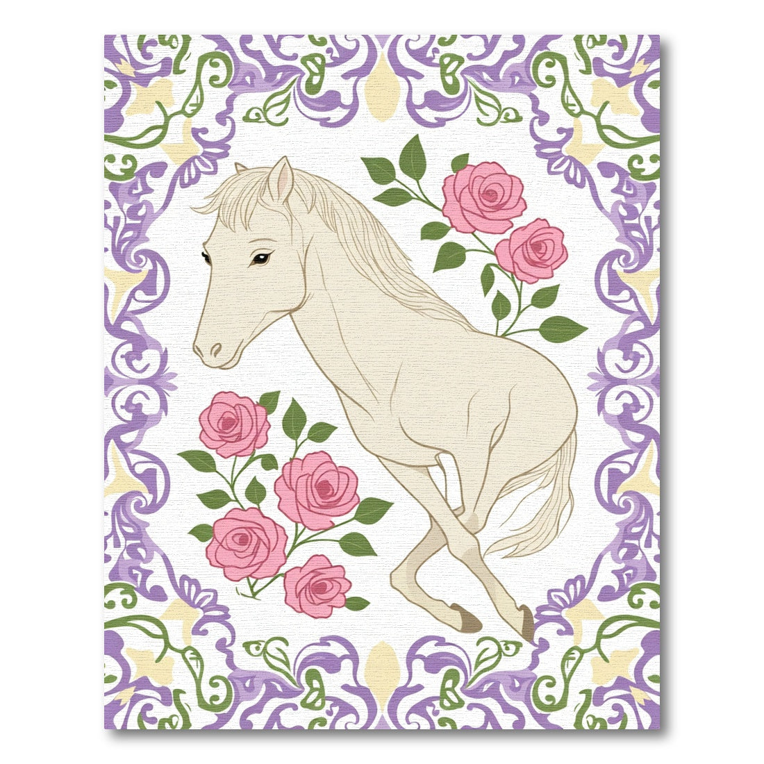 Cream Horse and Pink Roses Frame Rug