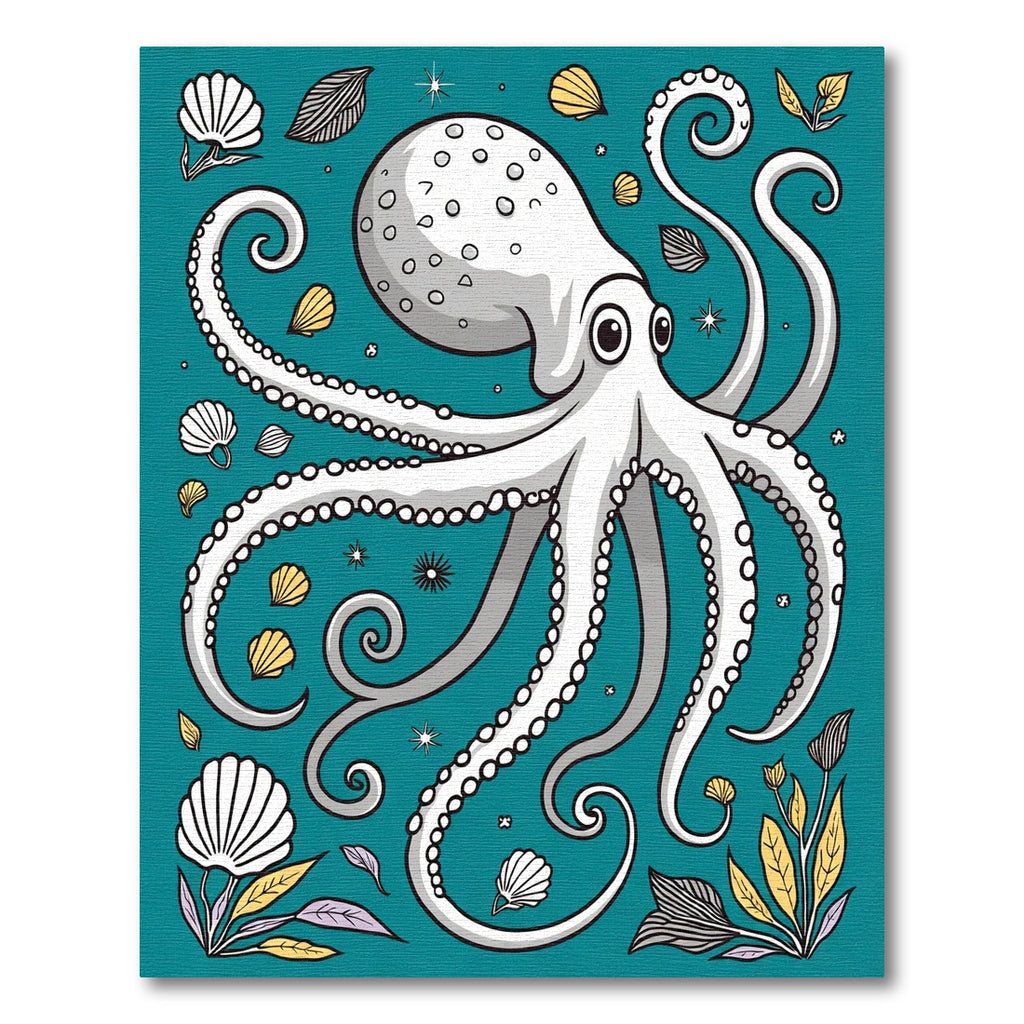 Whimsical White Octopus Seashells Teal Rug