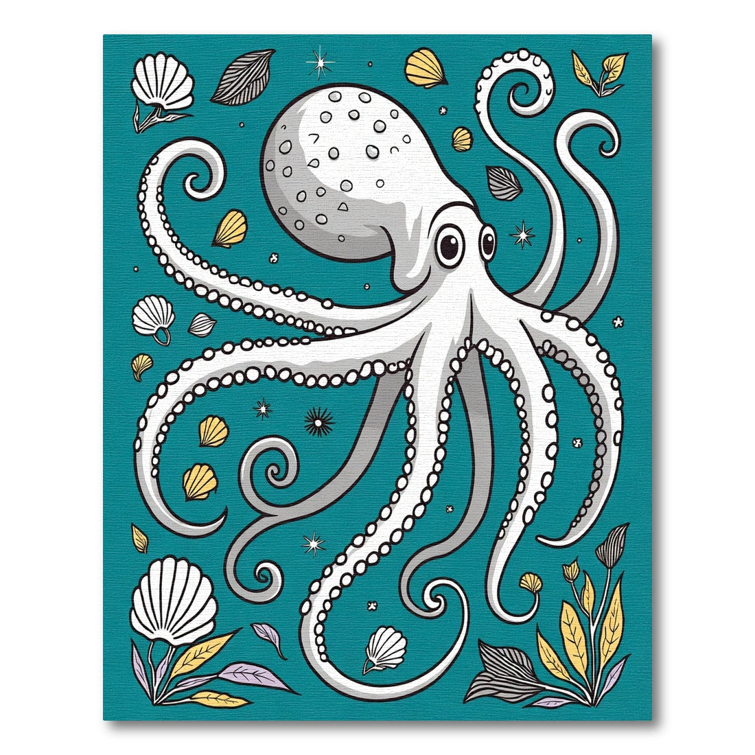 Whimsical White Octopus Seashells Teal Rug