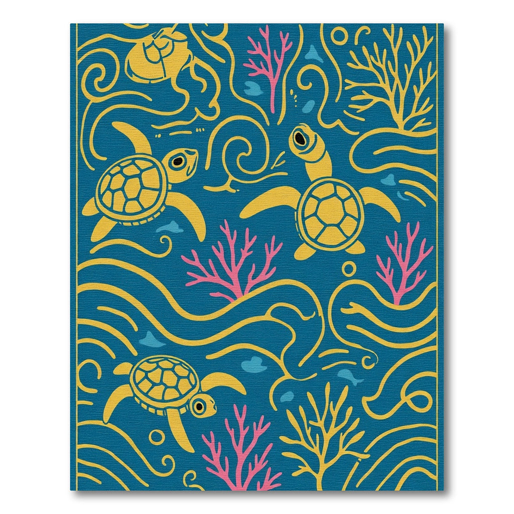 Teal Yellow Sea Turtle Coral Waves Rug