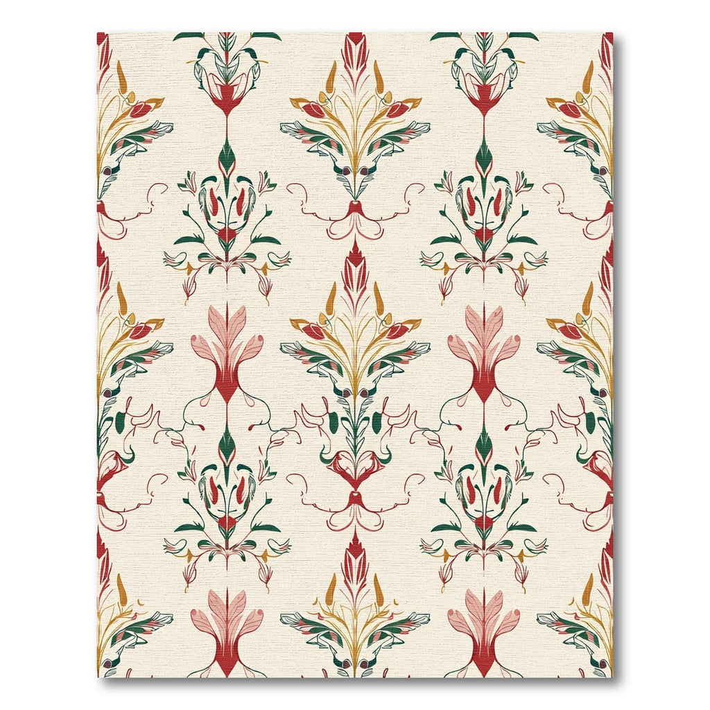 Rich Red Green Floral Damask Rug