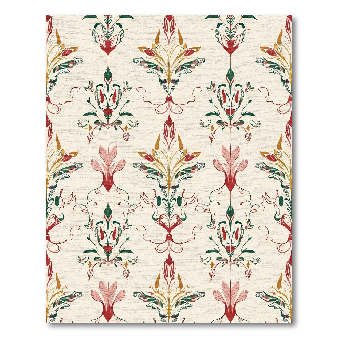 Rich Red Green Floral Damask Rug